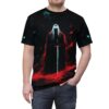 Cyber grunge all over print sublimation tee, featuring a dark grim reaper holding a glowing sword amidst red and blue cosmic fire.