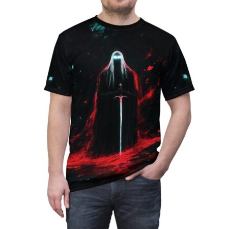 Cyber grunge all over print sublimation tee, featuring a dark grim reaper holding a glowing sword amidst red and blue cosmic fire.