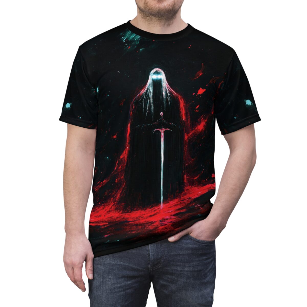 Cyber grunge all over print sublimation tee, featuring a dark grim reaper holding a glowing sword amidst red and blue cosmic fire.