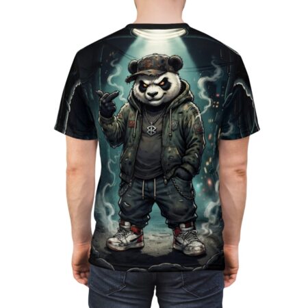Dark urban textures, smoking alleyways cover this 3D graphic t-shirt, depicting a menacing streetwear panda.
