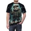 Dark smoky alleyway textures cover this graphic streetwear tee, detailing a menacing panda in streetwear gear.