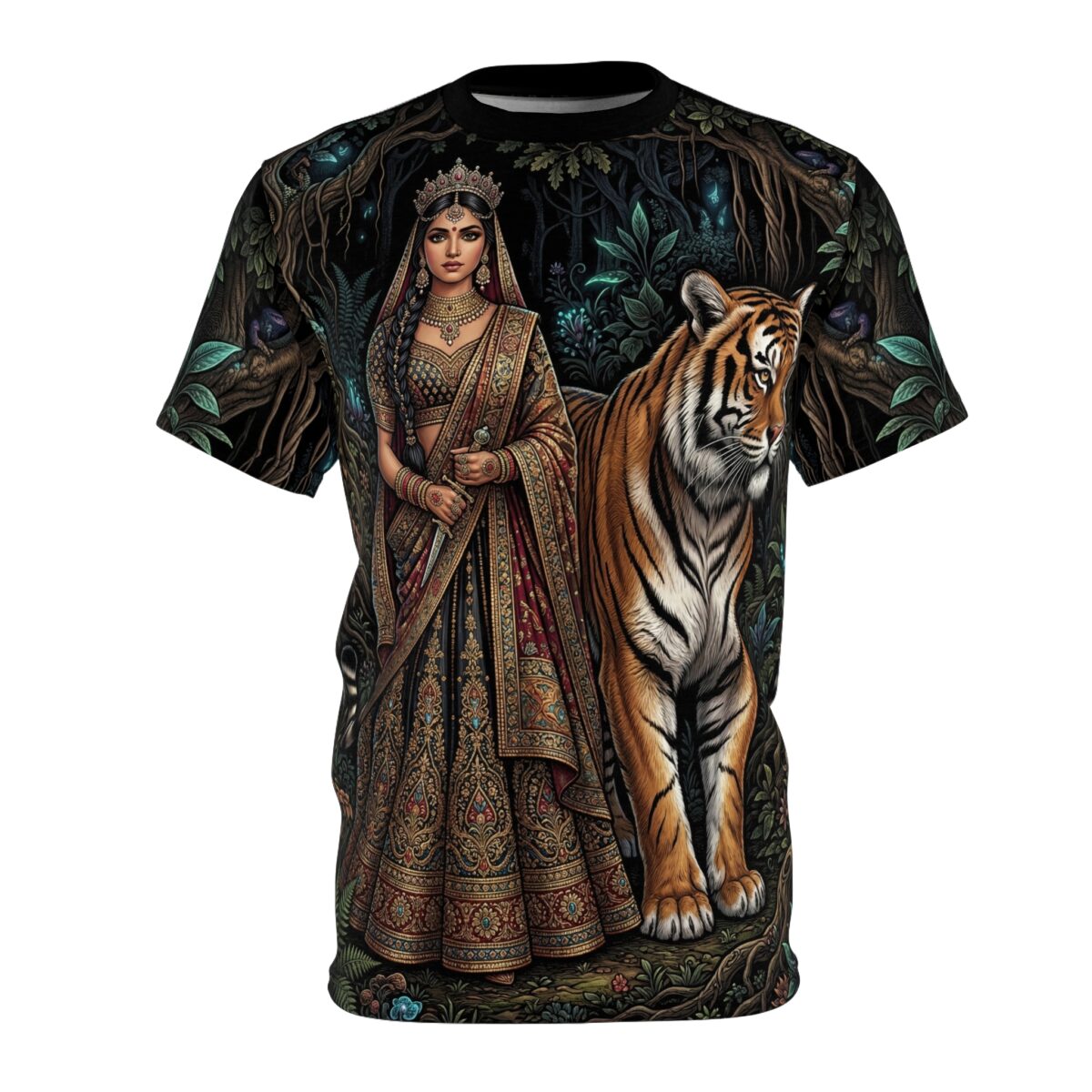 All over print sublimation tee, Indian princess in ornate sari with tiger in dark mystical forest, seamless wrap around graphic.