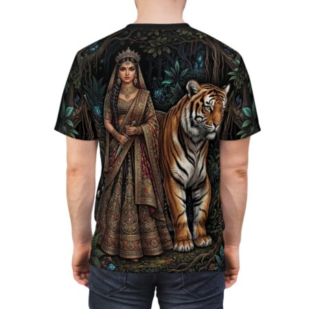 All over print sublimation tee depicting an Indian queen in traditional attire standing beside a tiger in an enchanted forest.