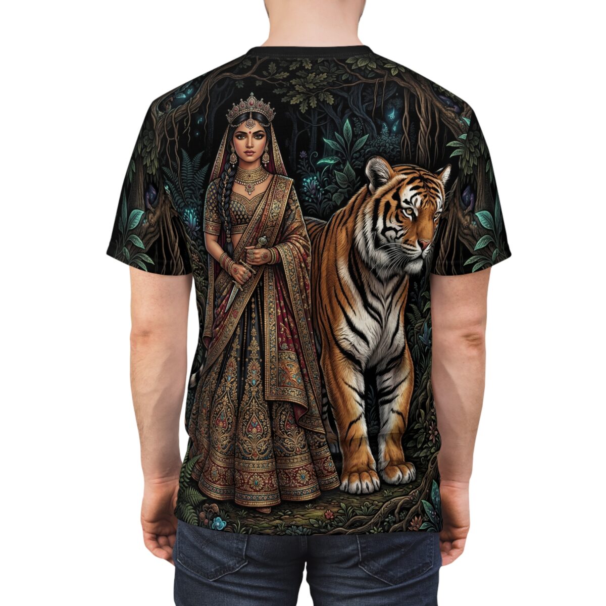 All over print sublimation tee depicting an Indian queen in traditional attire standing beside a tiger in an enchanted forest.