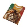 Majestic lion portrait with reggae green, gold, and red background all over print sublimation tee.