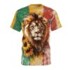 Realistic lion portrait with sunflowers and butterflies, all over print sublimation tee with Rastafarian-inspired colors.
