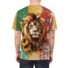 All over print t-shirt with a detailed lion, sunflowers, and butterflies on a distressed colorful background. Features sublimation tee design.