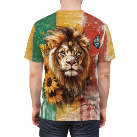 All over print t-shirt with a detailed lion, sunflowers, and butterflies on a distressed colorful background. Features sublimation tee design.