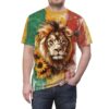 Lion and sunflowers all over print sublimation tee featuring a vibrant wrap around graphic with butterflies and a distressed flag background.