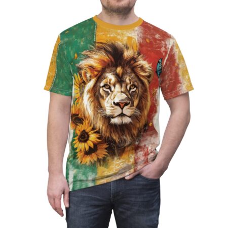 Lion and sunflowers all over print sublimation tee featuring a vibrant wrap around graphic with butterflies and a distressed flag background.