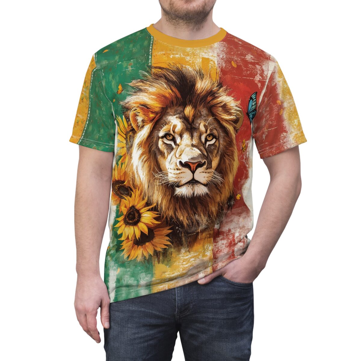 Lion and sunflowers all over print sublimation tee featuring a vibrant wrap around graphic with butterflies and a distressed flag background.