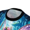 Deep blue and cyan forest textures cover this sublimation graphic tee, depicting glowing trees and pink flowers.