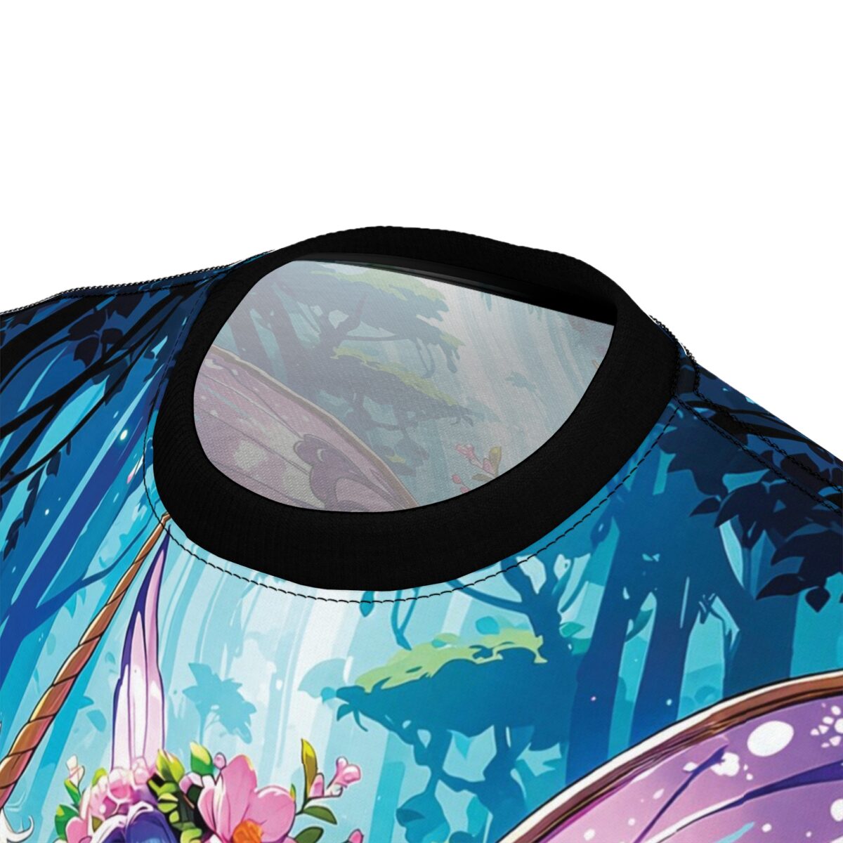 Deep blue and cyan forest textures cover this sublimation graphic tee, depicting glowing trees and pink flowers.
