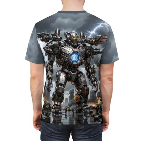 All over print t-shirt showcasing a giant steampunk mech warrior with glowing blue core, standing in a war-torn city under a stormy sky with lightning.
