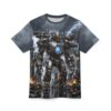 Mecha robot streetwear aesthetic all over print t-shirt with a sci-fi combat machine in a ruined city.