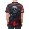 All over print graphic t-shirt featuring a chaotic pile of skulls with red smoke and blood splatters. Perfect for streetwear.