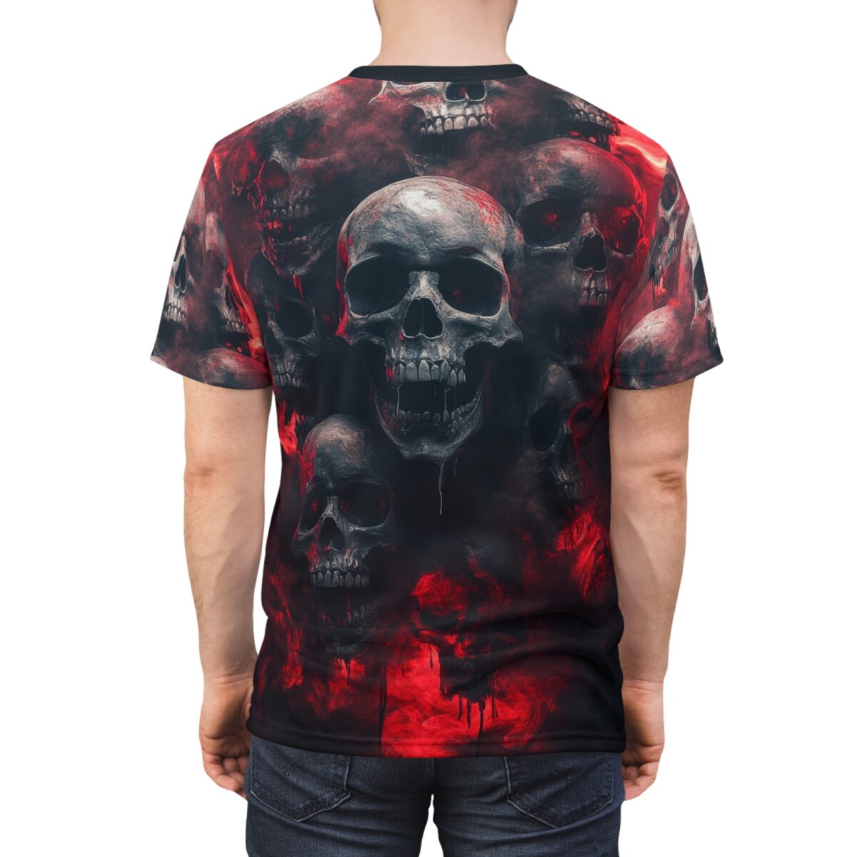 All over print graphic t-shirt featuring a chaotic pile of skulls with red smoke and blood splatters. Perfect for streetwear.