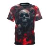 Cyber grunge all over print t-shirt showcasing a dark, smoky graphic with multiple detailed skulls and red accents. Seamless sublimation tee.