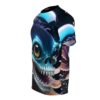 T-shirt with a digital print of a scary, blue-faced sea creature with large, multi-colored eyes and sharp teeth. Includes purple tentacles and orange fins.