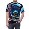 T-shirt with all-over print of a blue monster fish head with large orange and yellow eye, sharp teeth, purple fins, and coral details.