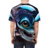 Men's t-shirt featuring a detailed aquatic skull graphic, vibrant eye, sharp teeth, coral, purple flowers, bubbles, and glowing blue elements.