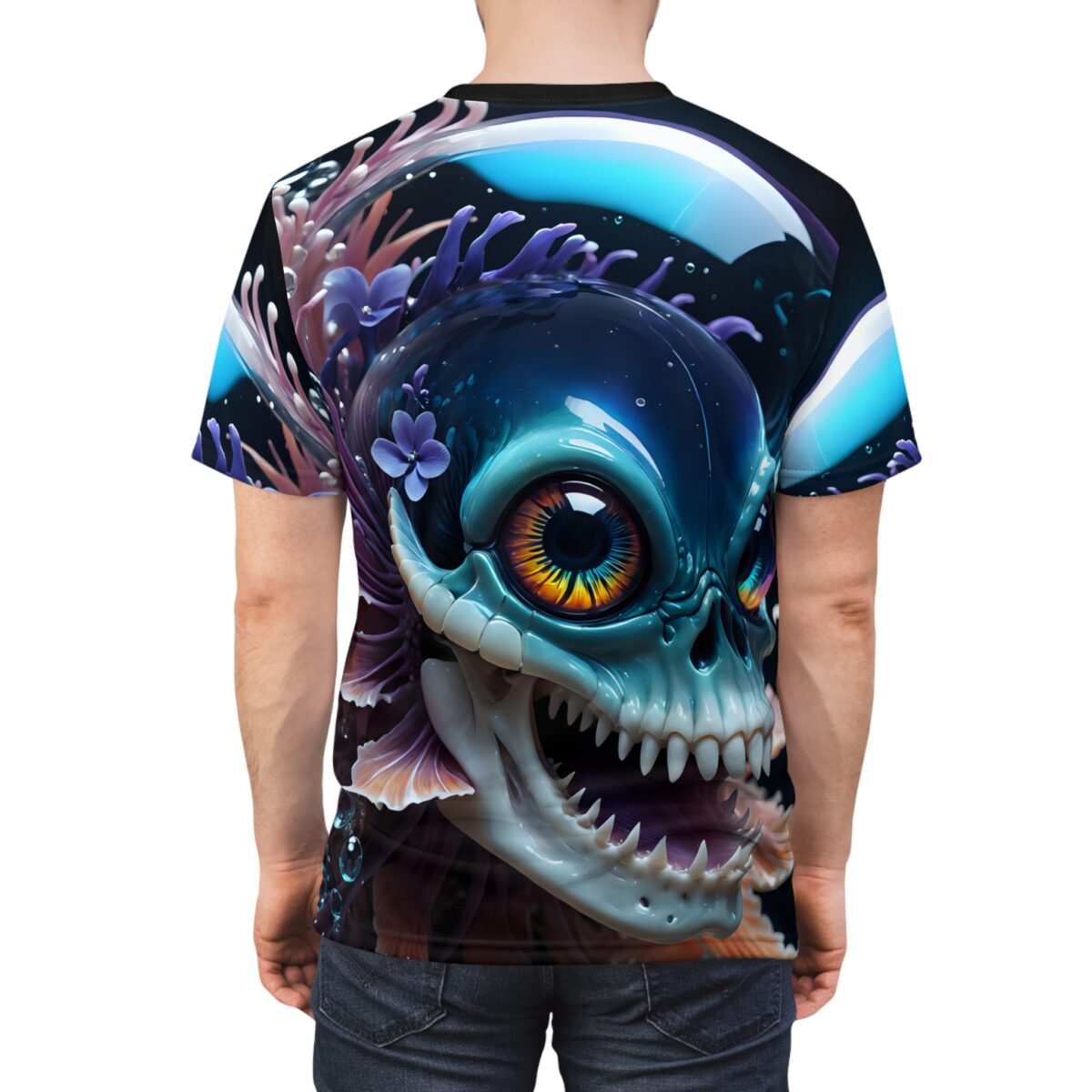 Men's t-shirt featuring a detailed aquatic skull graphic, vibrant eye, sharp teeth, coral, purple flowers, bubbles, and glowing blue elements.