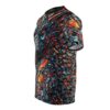 A t-shirt with a vibrant all-over print featuring a dragon's eye and fiery, geometric scales in blue, orange, and gray.