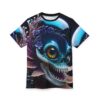 Front view of a t-shirt with a detailed graphic print of a blue-green alien skull creature with large, colorful eyes, sharp teeth, and marine-like foliage.