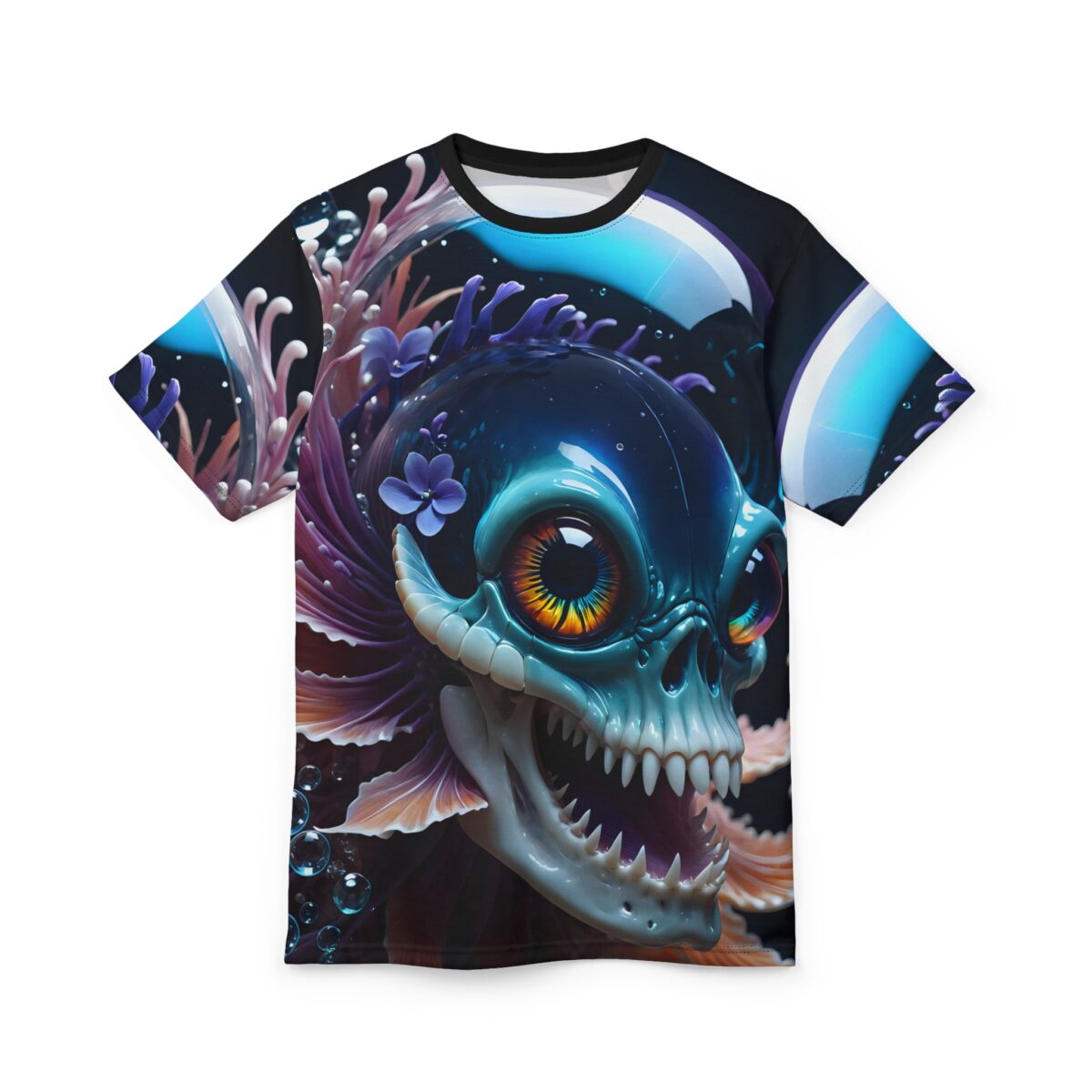 Front view of a t-shirt with a detailed graphic print of a blue-green alien skull creature with large, colorful eyes, sharp teeth, and marine-like foliage.