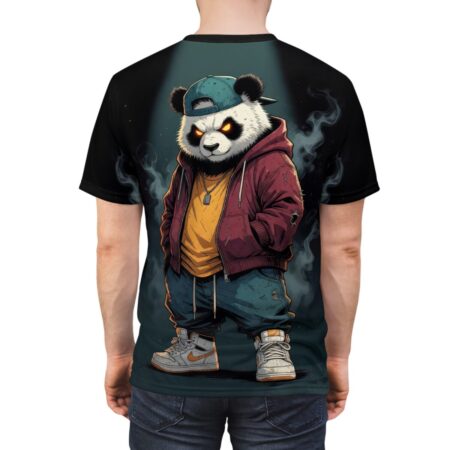 Back view of a t-shirt print showing a cartoon panda wearing a backwards baseball cap, hoodie, and sneakers.
