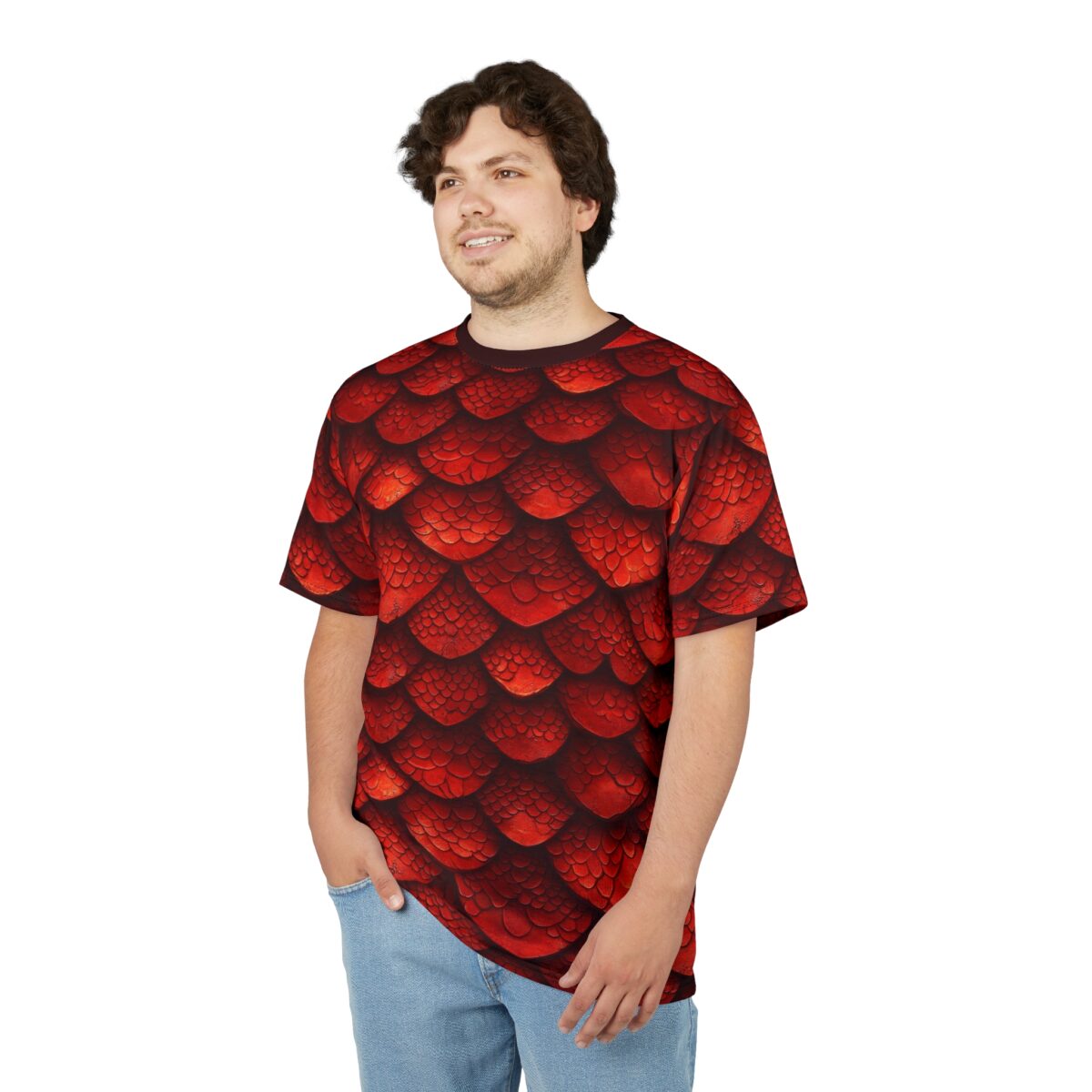 Man wearing a red t-shirt with a detailed dragon scale print covering the entire garment.