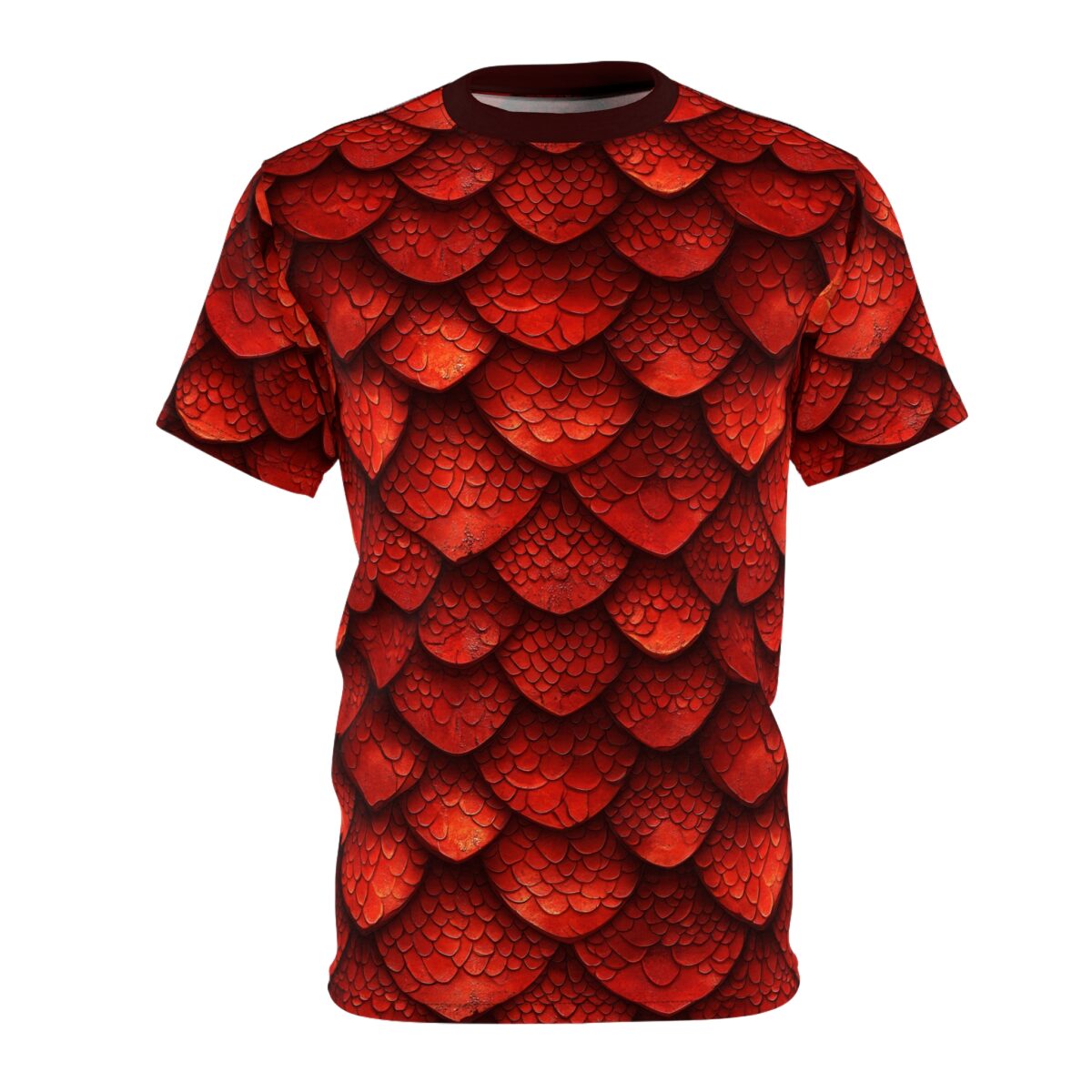 Red dragon scale pattern t-shirt with short sleeves and a crew neck.