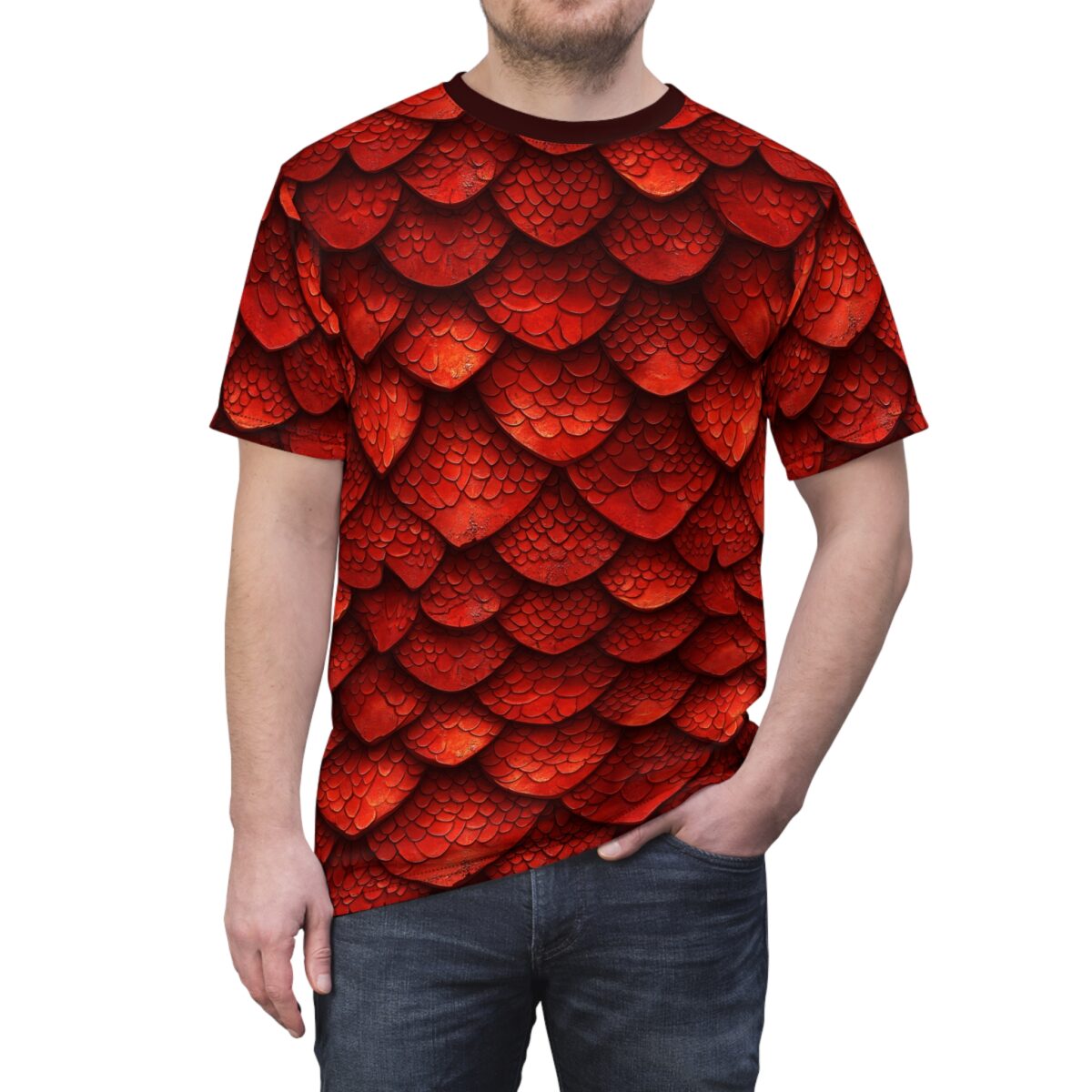 A man wearing a t-shirt with a repeating red dragon scale pattern.
