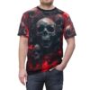 Men's all over print sublimation tee features a terrifying skull graphic with red smoke accents.