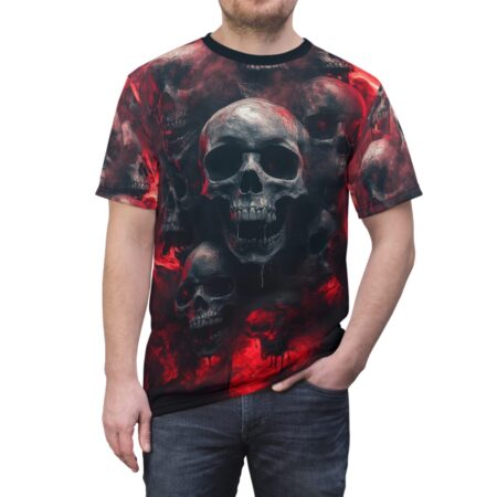 Men's all over print sublimation tee features a terrifying skull graphic with red smoke accents.