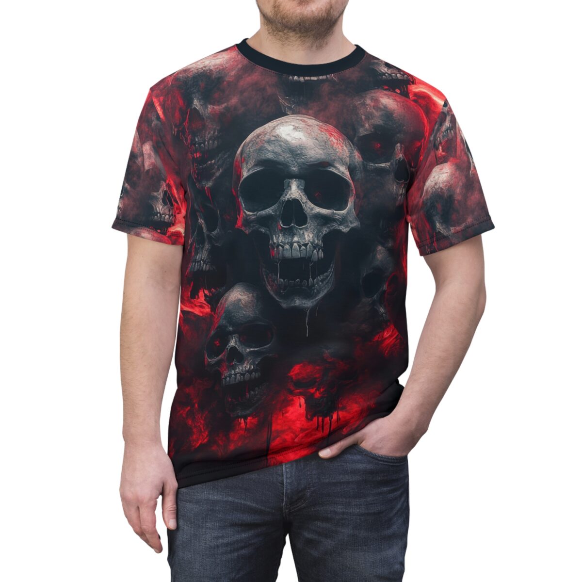 Men's all over print sublimation tee features a terrifying skull graphic with red smoke accents.
