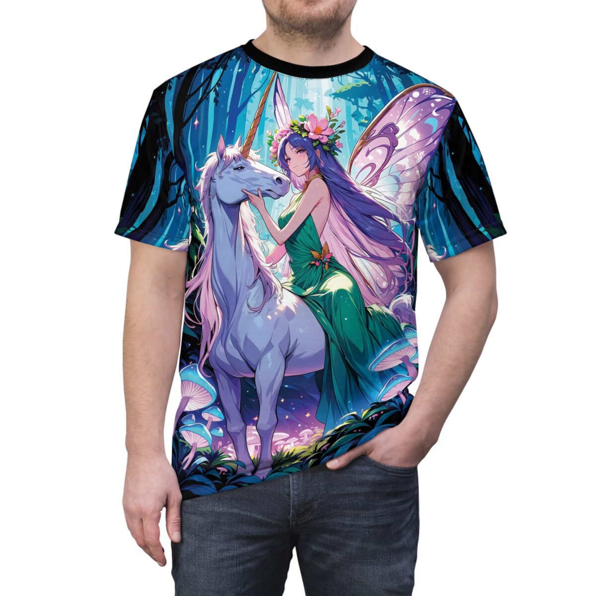 Fairy unicorn, forest, mushrooms, anime aesthetic, all over print, sublimation tee