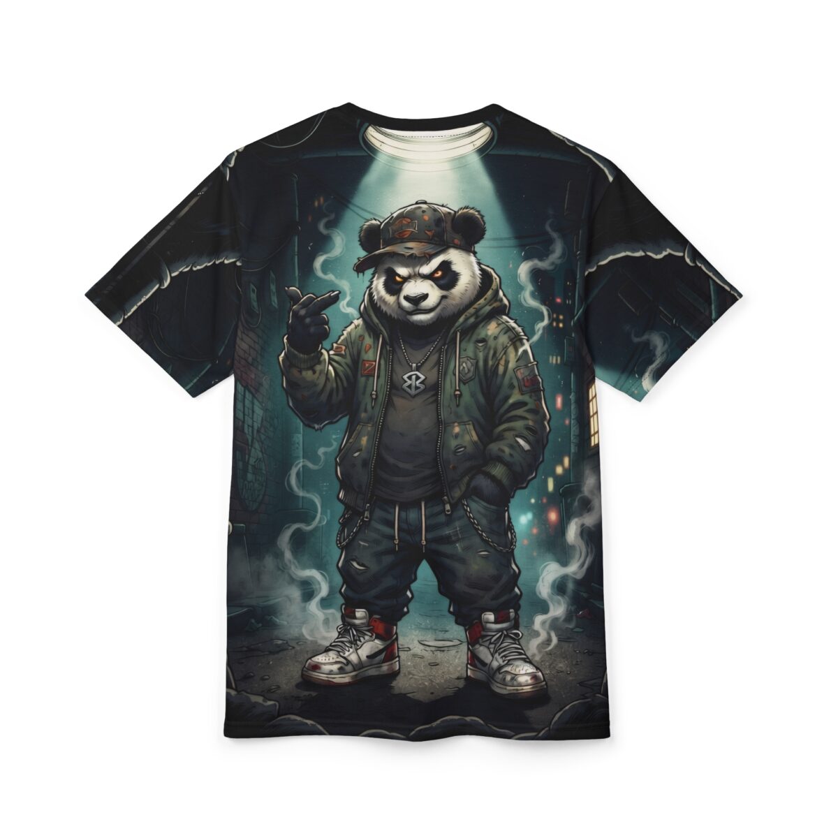 Streetwear aesthetic panda rapper all over print sublimation tee, cyber grunge wrap around graphic, dark urban background,