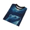 Polar bear against a cosmic nebula and starry sky. All over print sublimation tee with wrap around graphic.