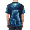 Polar bear family gazing at starry galaxy, all over print sublimation tee with nebula and shooting stars.