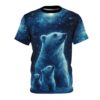 Polar bear family gazing at stars on a vibrant blue space all over print sublimation tee.