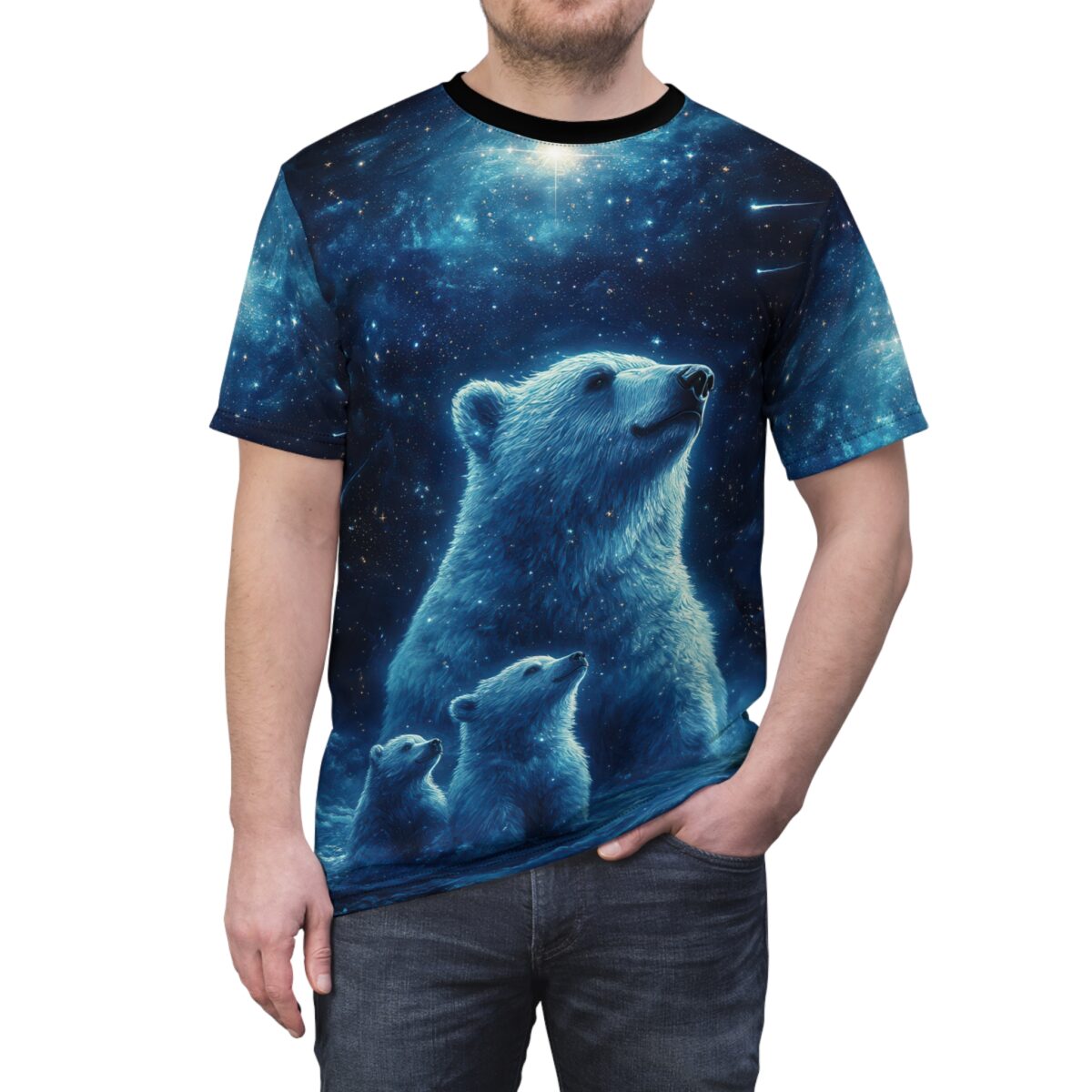 Polar bear family in starry night sky all over print sublimation tee featuring a seamless cosmic wrap around graphic.