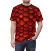 A man wearing a t-shirt with a repeating red dragon scale pattern.