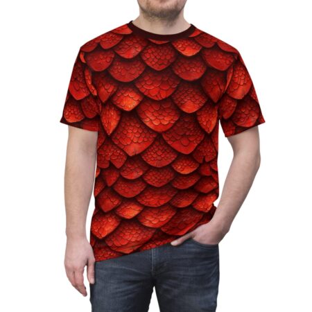 A man wearing a t-shirt with a repeating red dragon scale pattern.