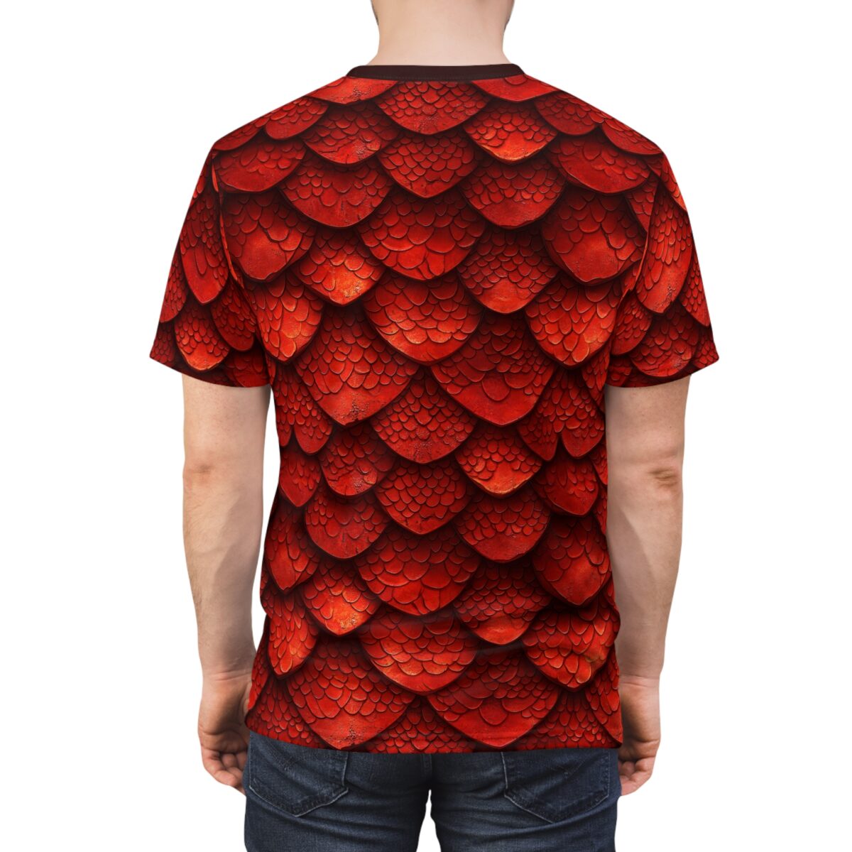 Man wearing a red short sleeve t-shirt featuring a detailed dragon scale pattern viewed from the back.
