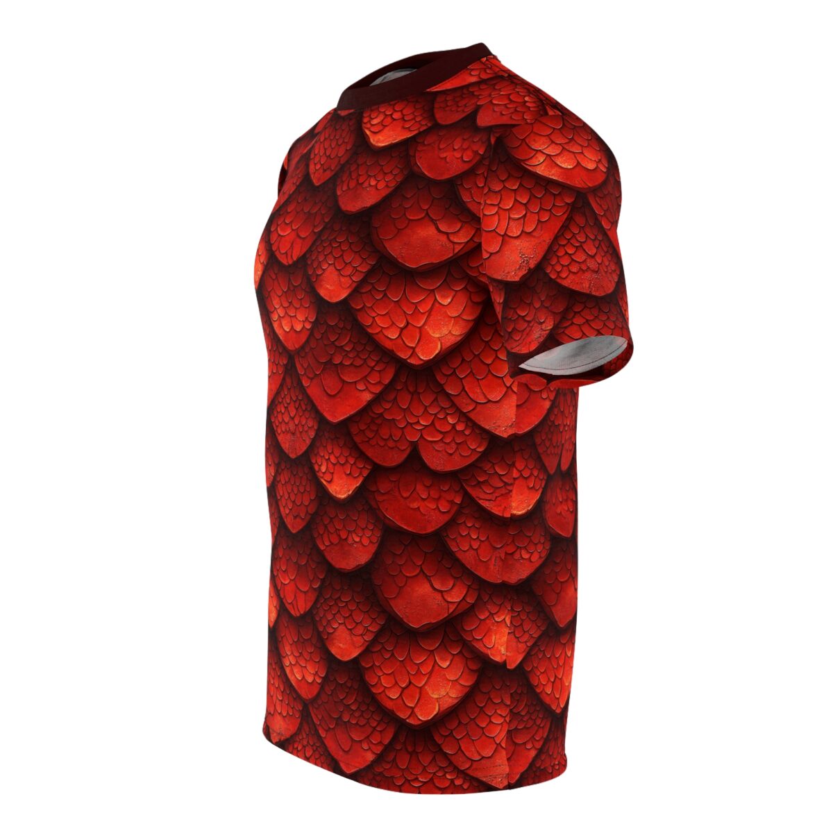 A short-sleeved t-shirt with a repeating pattern of textured red dragon scales.