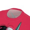 Red t-shirt, anime graphic, collar detail, teal accents, black hair, white highlights