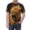 A man wearing a black short-sleeved t-shirt featuring a detailed golden lion graphic with splash art details.