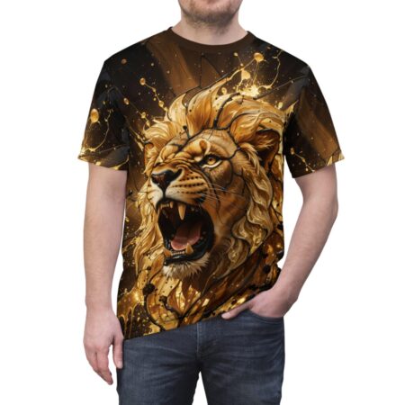 A man wearing a black short-sleeved t-shirt featuring a detailed golden lion graphic with splash art details.