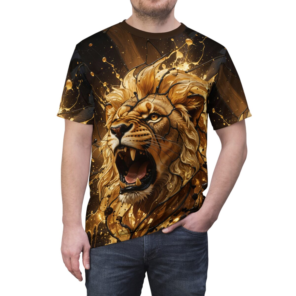A man wearing a black short-sleeved t-shirt featuring a detailed golden lion graphic with splash art details.